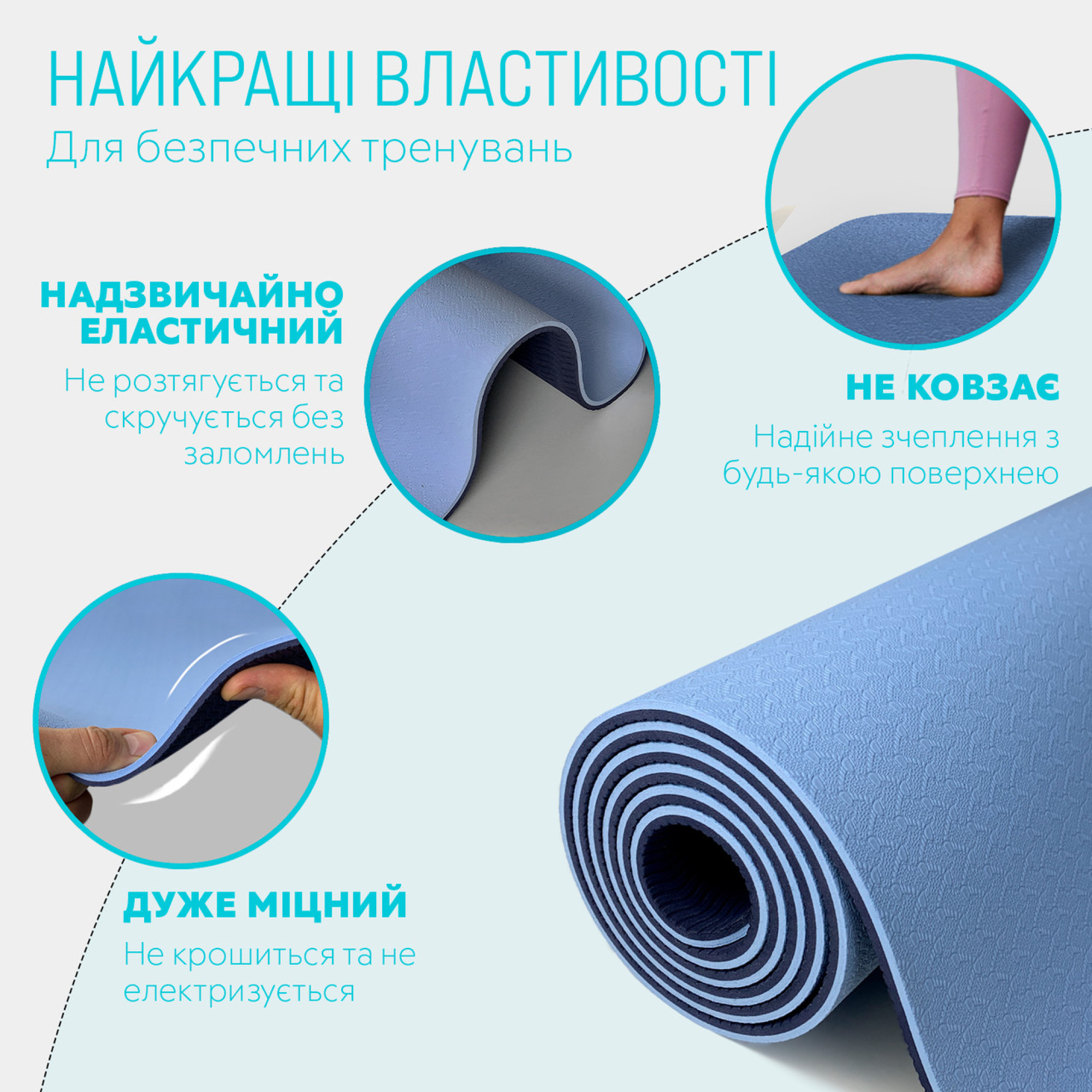 Коврик для йоги и фитнеса EasyFit TPE+TC 6 мм двухслойный голубой-синий - 2 - Robinzon.ua