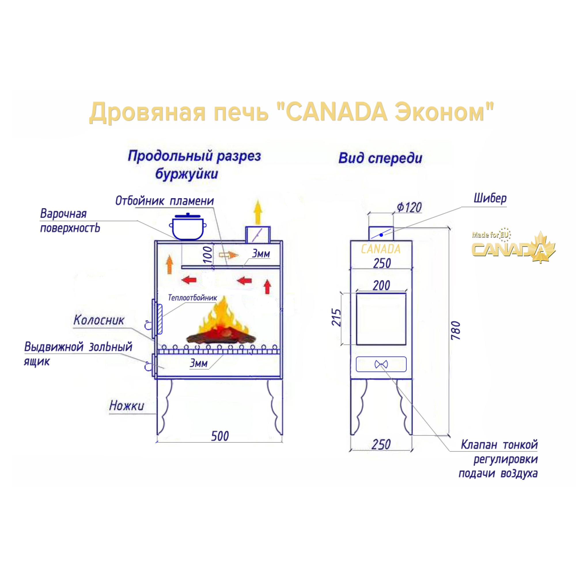 Піч дров'яна «Canada» економ тривалого горіння - 1 - Robinzon.ua