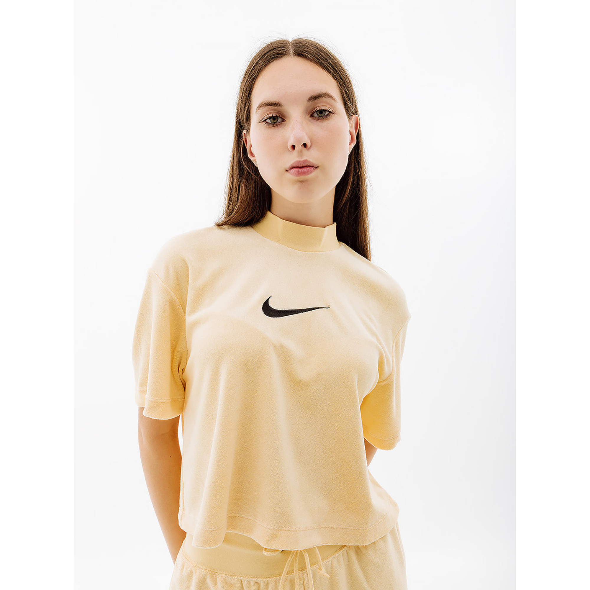 Жіноча Футболка Nike W NSW MOCK SS TEE TRRY MS Жовтий  M (7dFJ4894-294 M) - Robinzon.ua